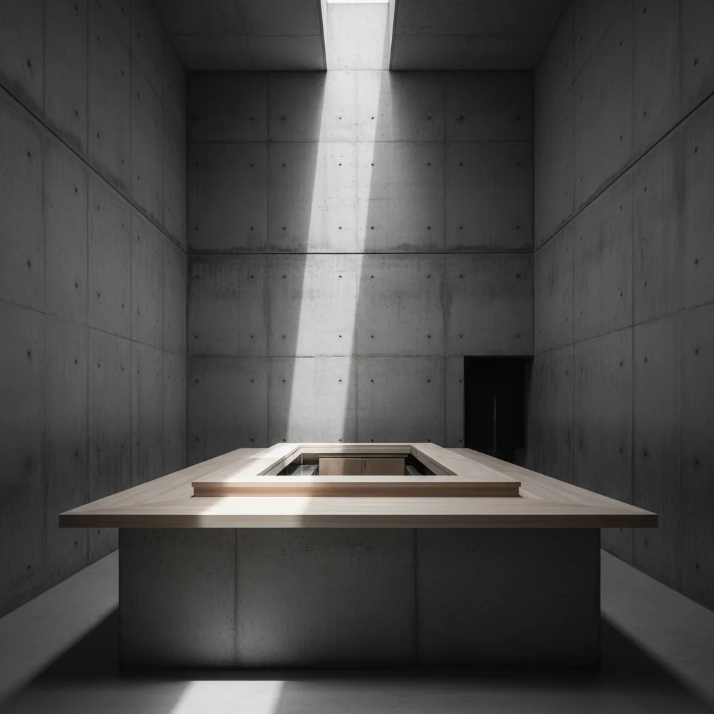 An empty minimalist counter under one hard shadow