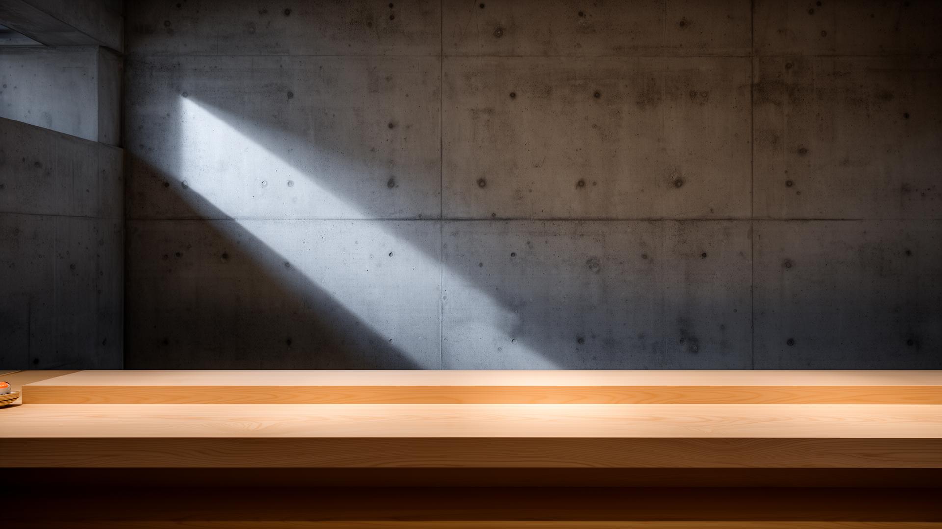 Empty hinoki counter against raw concrete wall with hard shadow