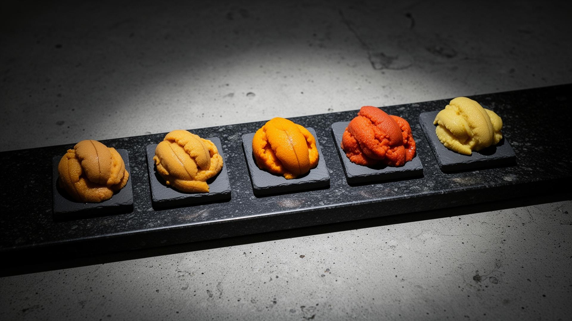 Tasting flight of multiple uni varieties on dark stone board