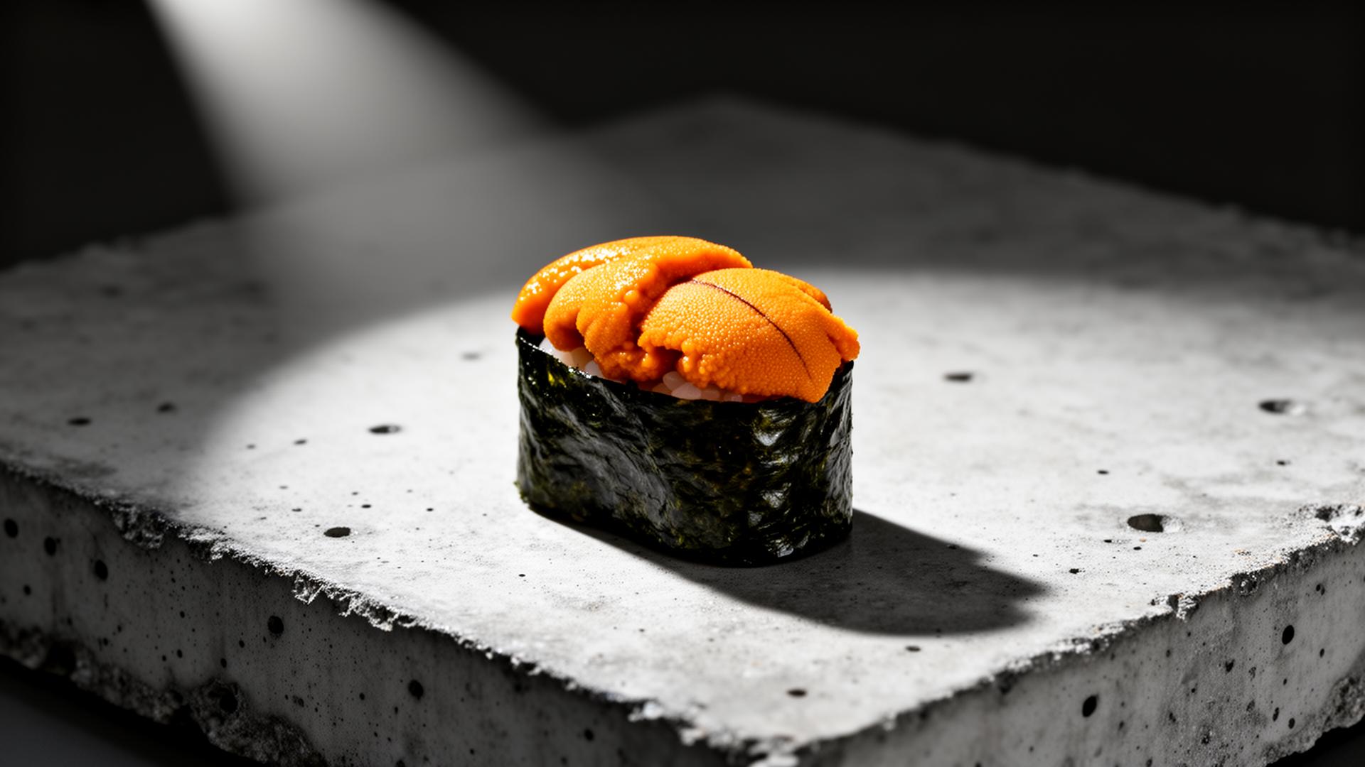 Single uni gunkan specimen on raw concrete under hard spotlight