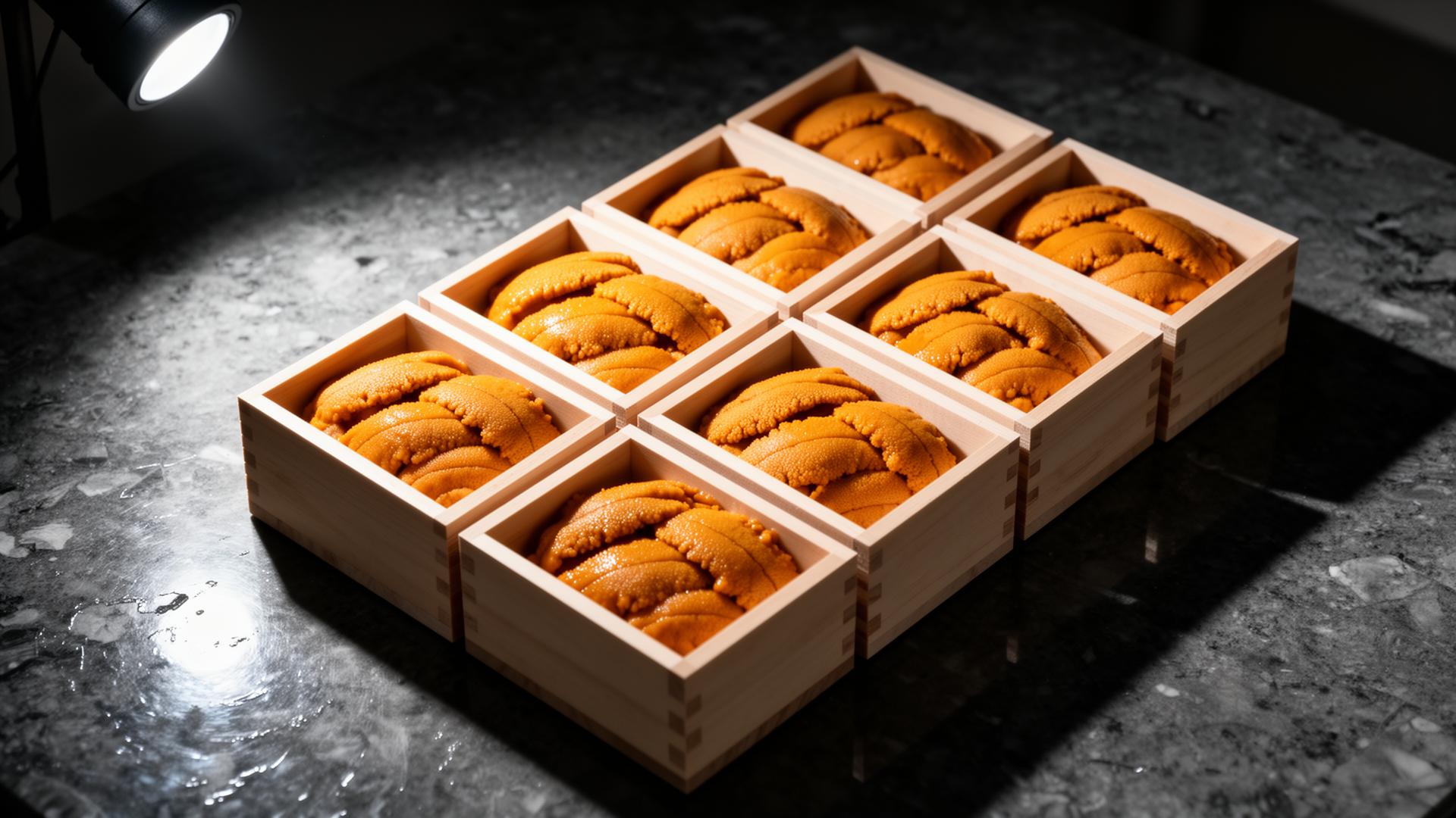 Wooden boxes of fresh uni arranged as specimens